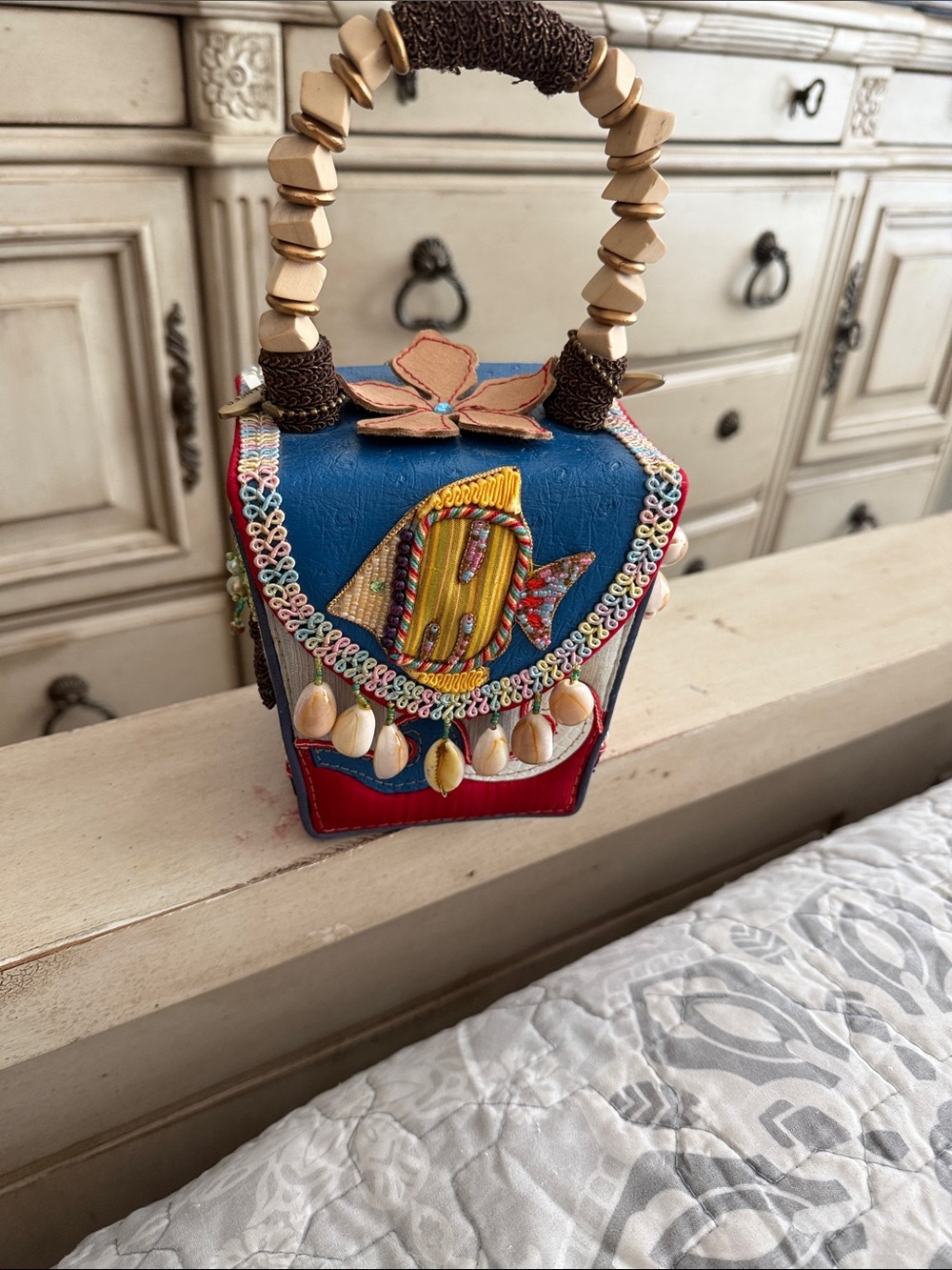 Mary Frances Blue & Red Embellished Seashell Mini Top-Handle Bag